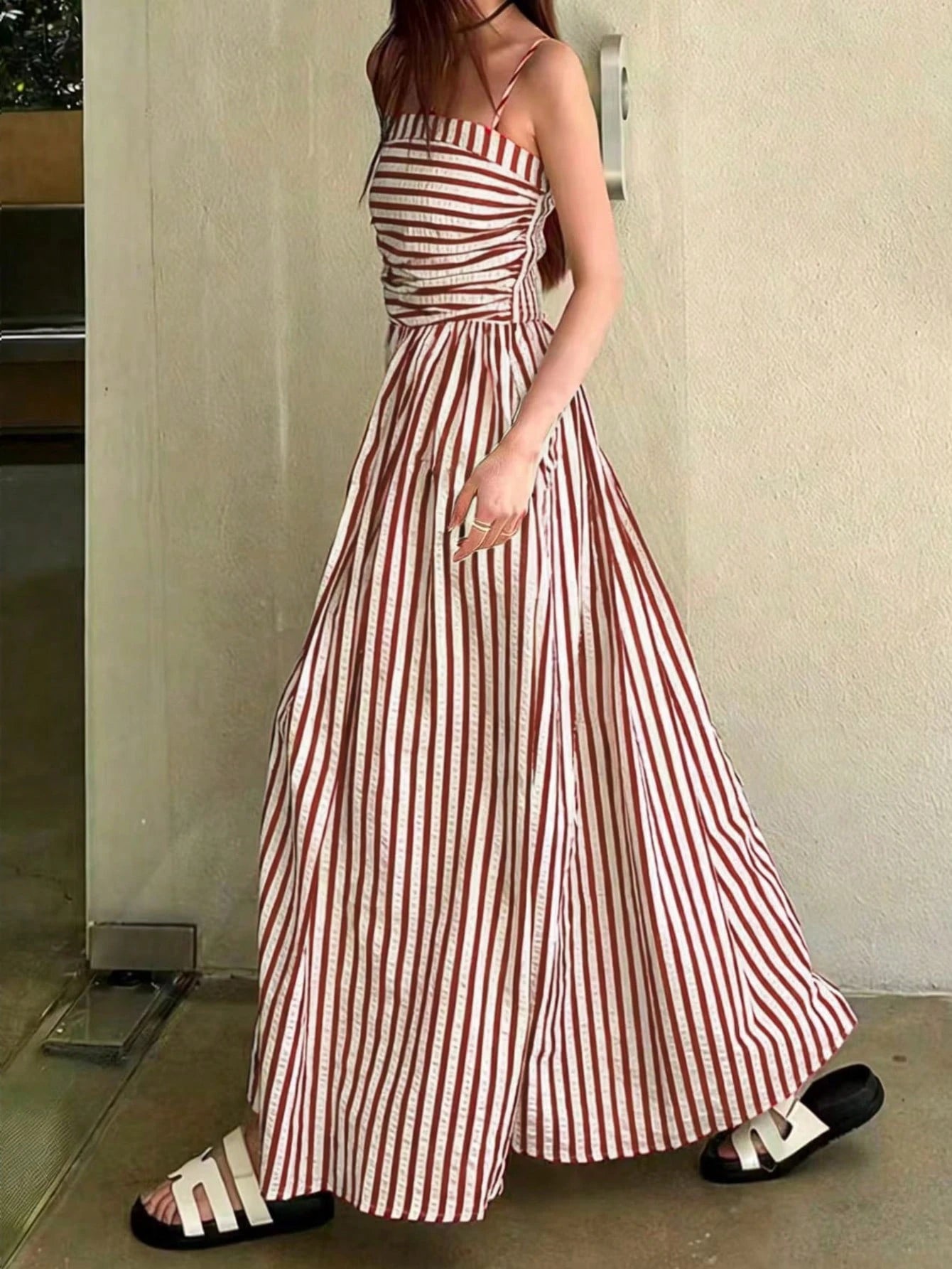 Women's High Quality Striped Print Vacation Dress, Ruched Waist A-Line Dress Black Summer Party Elegant