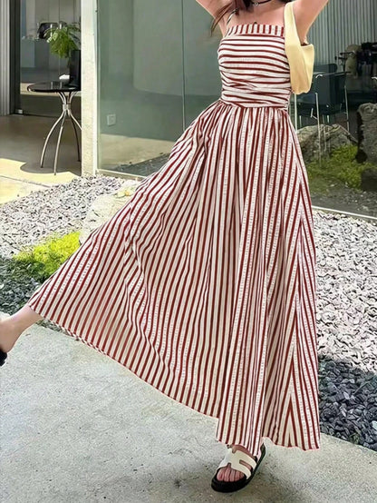 Women's High Quality Striped Print Vacation Dress, Ruched Waist A-Line Dress Black Summer Party Elegant