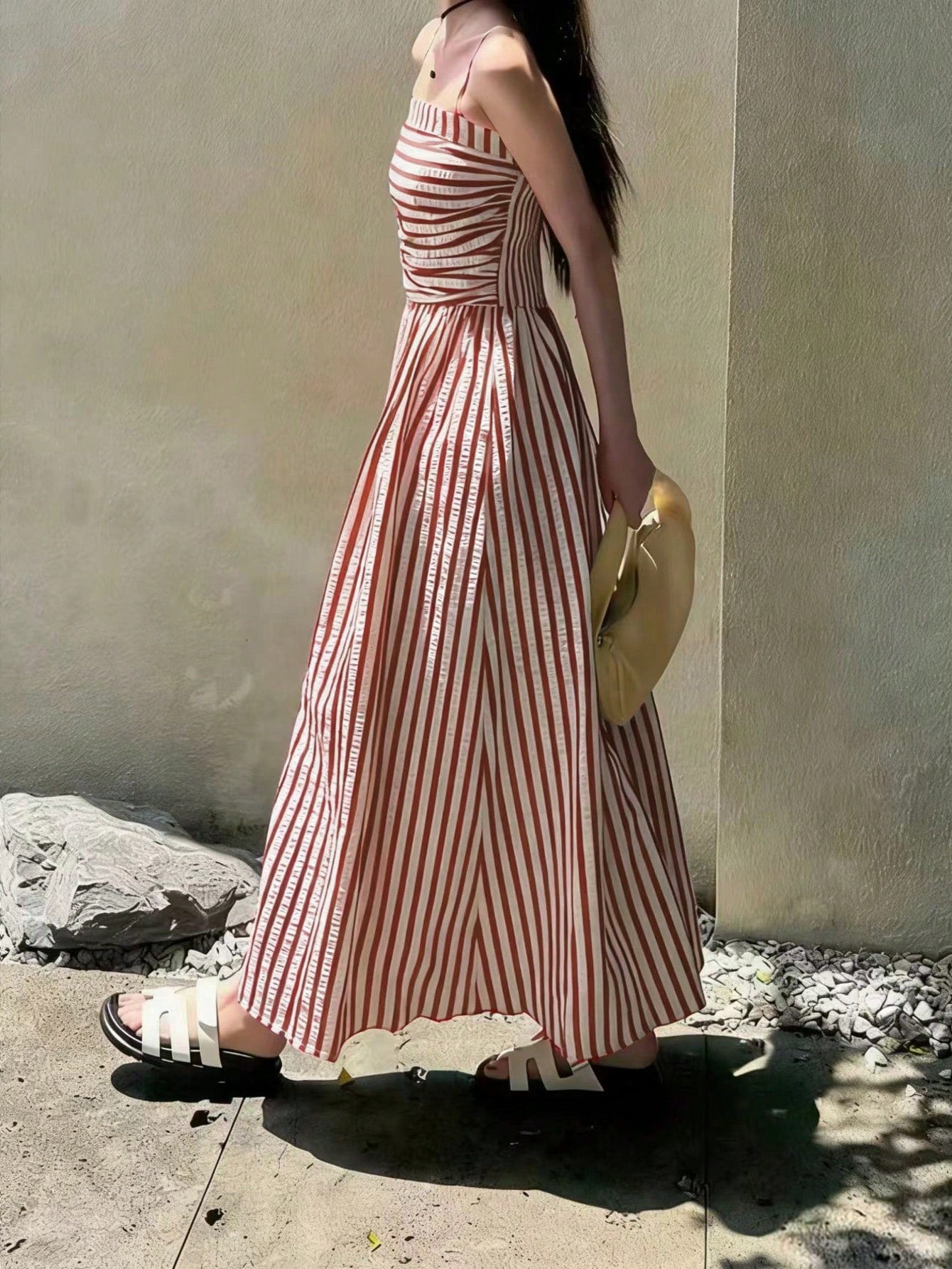 Women's High Quality Striped Print Vacation Dress, Ruched Waist A-Line Dress Black Summer Party Elegant