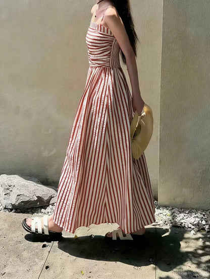 Women's High Quality Striped Print Vacation Dress, Ruched Waist A-Line Dress Black Summer Party Elegant