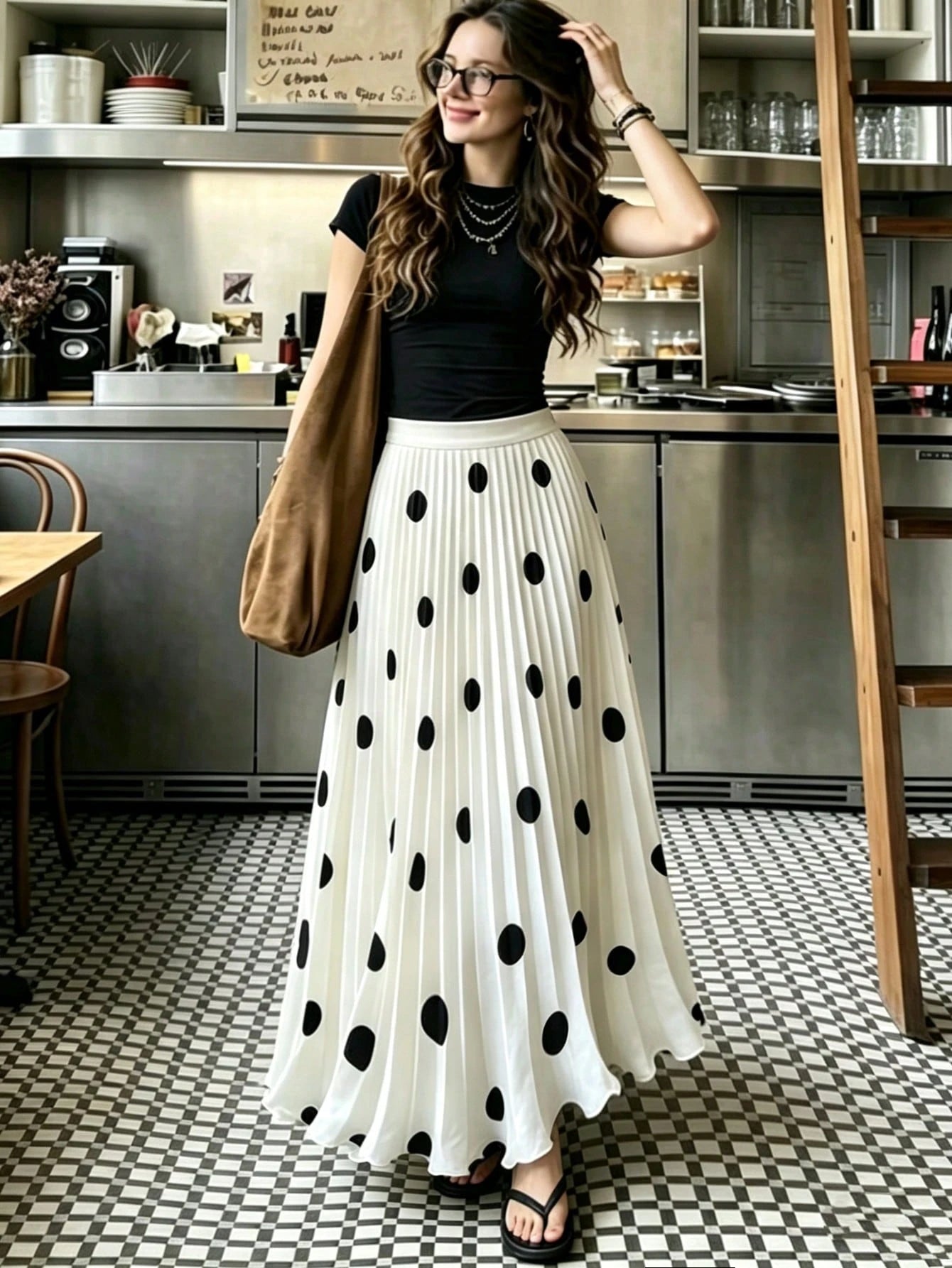 Women's High-Waisted Pleated Romantic Polka Dot Black & White Long Skirt, Elegant For Work, Casual, Beach, Resort, Afternoon Tea, Home Comfort, Young Style, Spring/Summer New Arrival