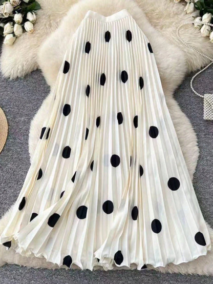 Women's High-Waisted Pleated Romantic Polka Dot Black & White Long Skirt, Elegant For Work, Casual, Beach, Resort, Afternoon Tea, Home Comfort, Young Style, Spring/Summer New Arrival