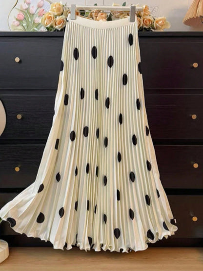 Women's High-Waisted Pleated Romantic Polka Dot Black & White Long Skirt, Elegant For Work, Casual, Beach, Resort, Afternoon Tea, Home Comfort, Young Style, Spring/Summer New Arrival