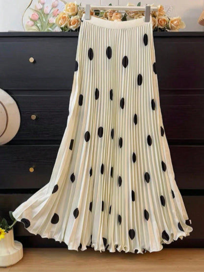 Women's High-Waisted Pleated Romantic Polka Dot Black & White Long Skirt, Elegant For Work, Casual, Beach, Resort, Afternoon Tea, Home Comfort, Young Style, Spring/Summer New Arrival