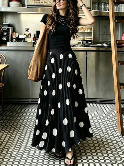 Women's High-Waisted Pleated Romantic Polka Dot Black & White Long Skirt, Elegant For Work, Casual, Beach, Resort, Afternoon Tea, Home Comfort, Young Style, Spring/Summer New Arrival