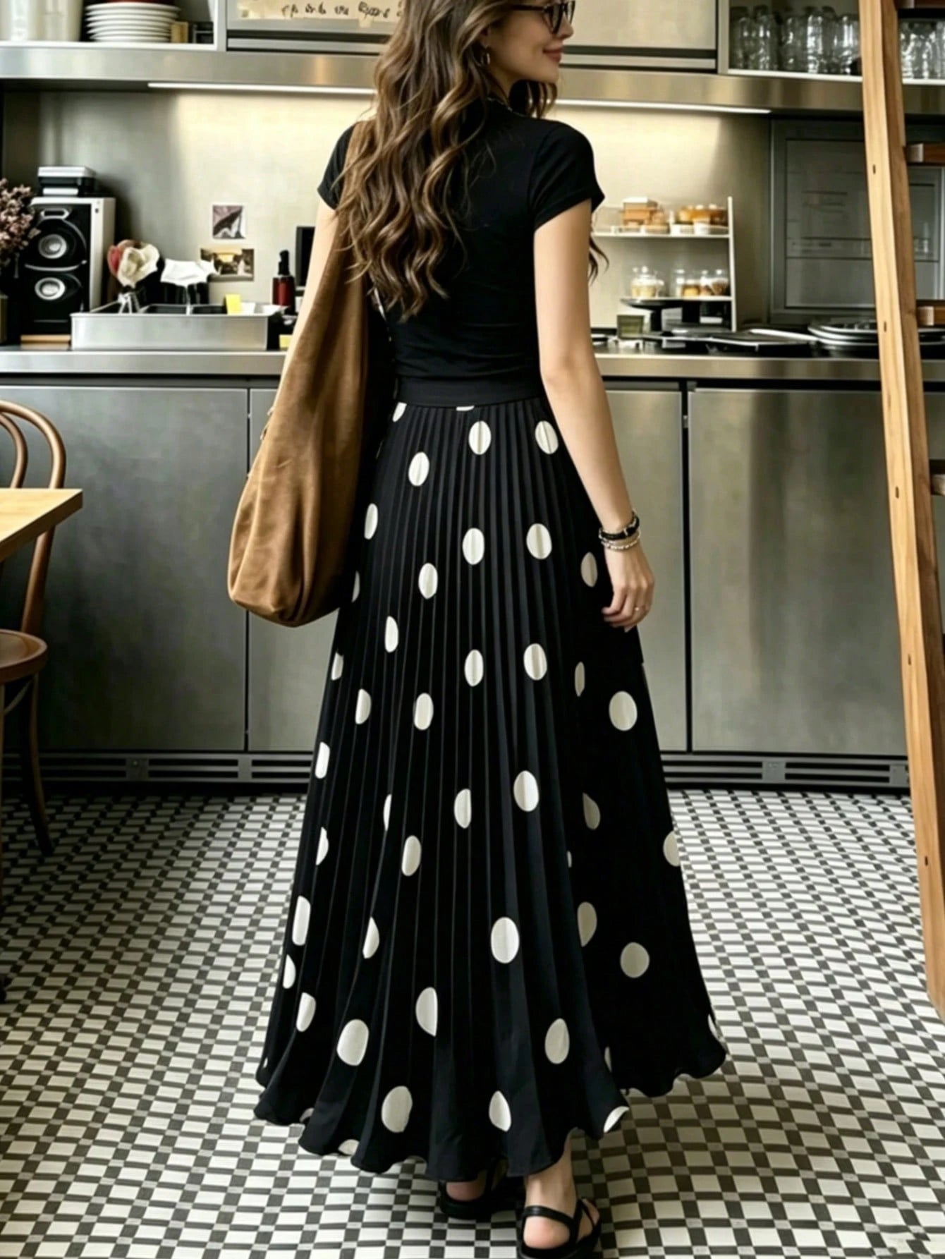 Women's High-Waisted Pleated Romantic Polka Dot Black & White Long Skirt, Elegant For Work, Casual, Beach, Resort, Afternoon Tea, Home Comfort, Young Style, Spring/Summer New Arrival