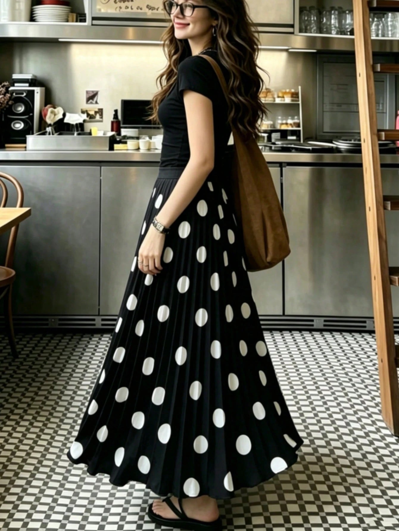 Women's High-Waisted Pleated Romantic Polka Dot Black & White Long Skirt, Elegant For Work, Casual, Beach, Resort, Afternoon Tea, Home Comfort, Young Style, Spring/Summer New Arrival
