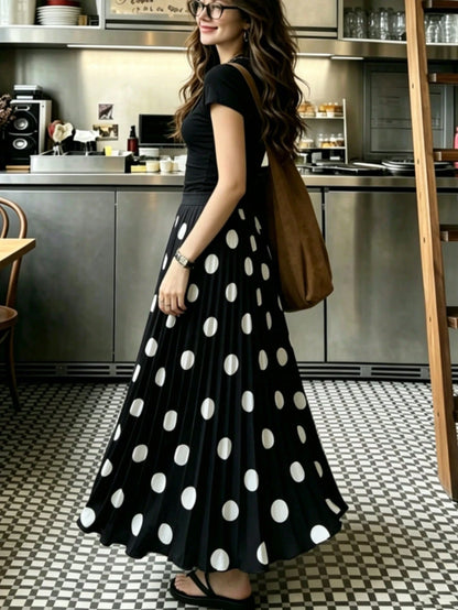 Women's High-Waisted Pleated Romantic Polka Dot Black & White Long Skirt, Elegant For Work, Casual, Beach, Resort, Afternoon Tea, Home Comfort, Young Style, Spring/Summer New Arrival