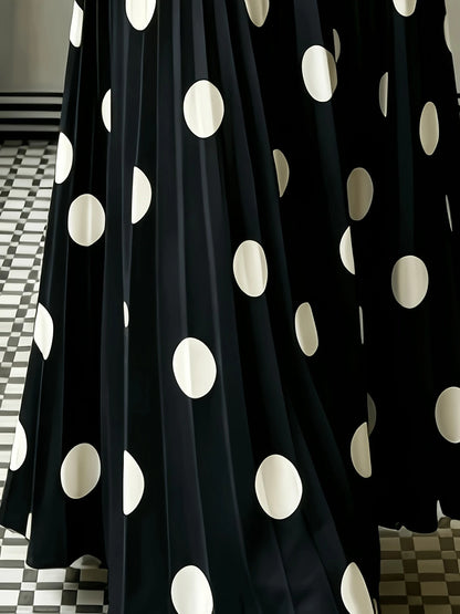 Women's High-Waisted Pleated Romantic Polka Dot Black & White Long Skirt, Elegant For Work, Casual, Beach, Resort, Afternoon Tea, Home Comfort, Young Style, Spring/Summer New Arrival