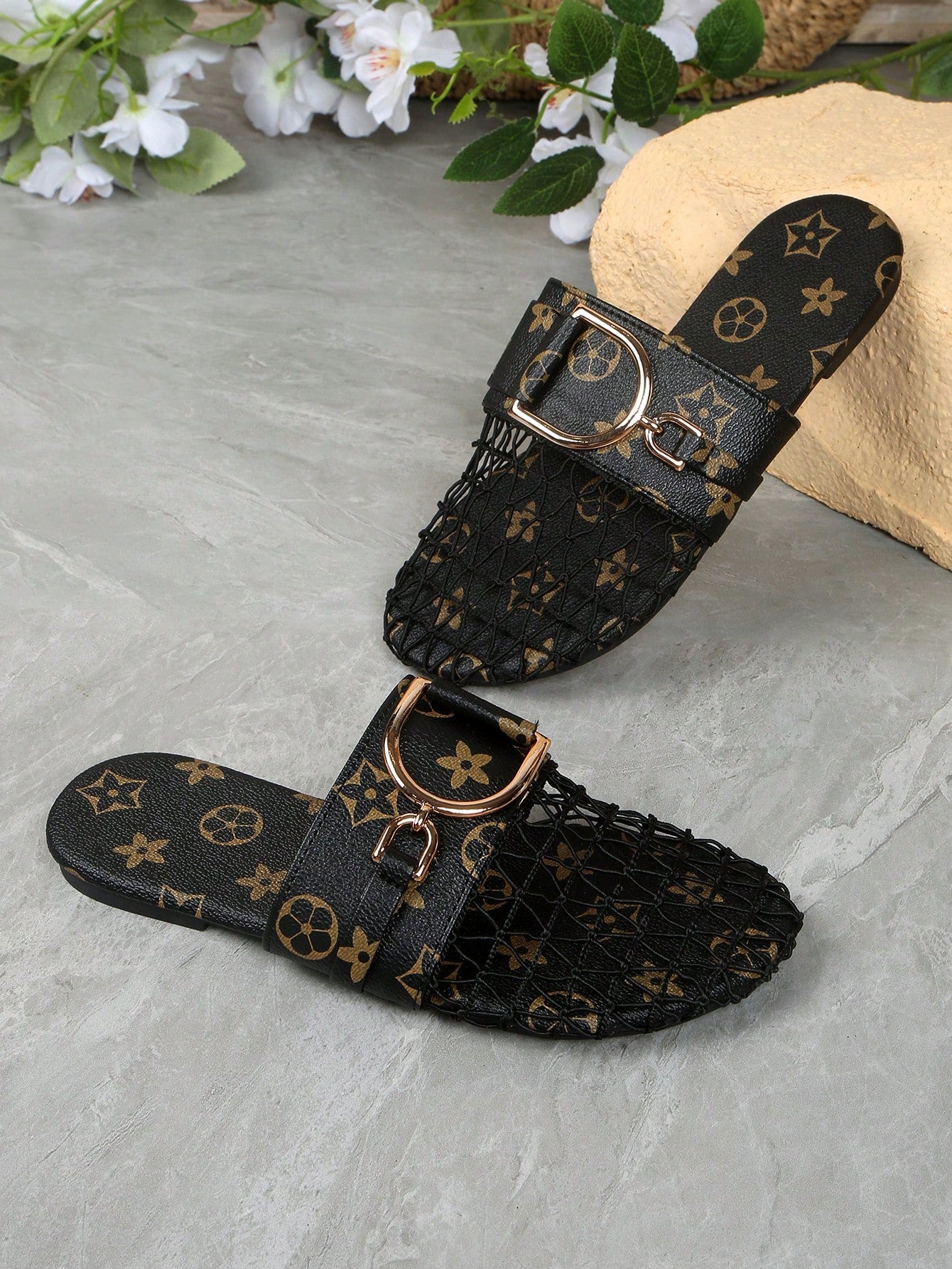 Women's Mesh Hollow Flat Slip-On Shoes, Comfortable Linen Casual Backless Mule Sandals, Breathable Mesh, Lightweight Soft Indoor Slippers