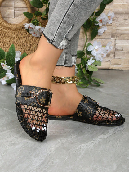 Women's Mesh Hollow Flat Slip-On Shoes, Comfortable Linen Casual Backless Mule Sandals, Breathable Mesh, Lightweight Soft Indoor Slippers