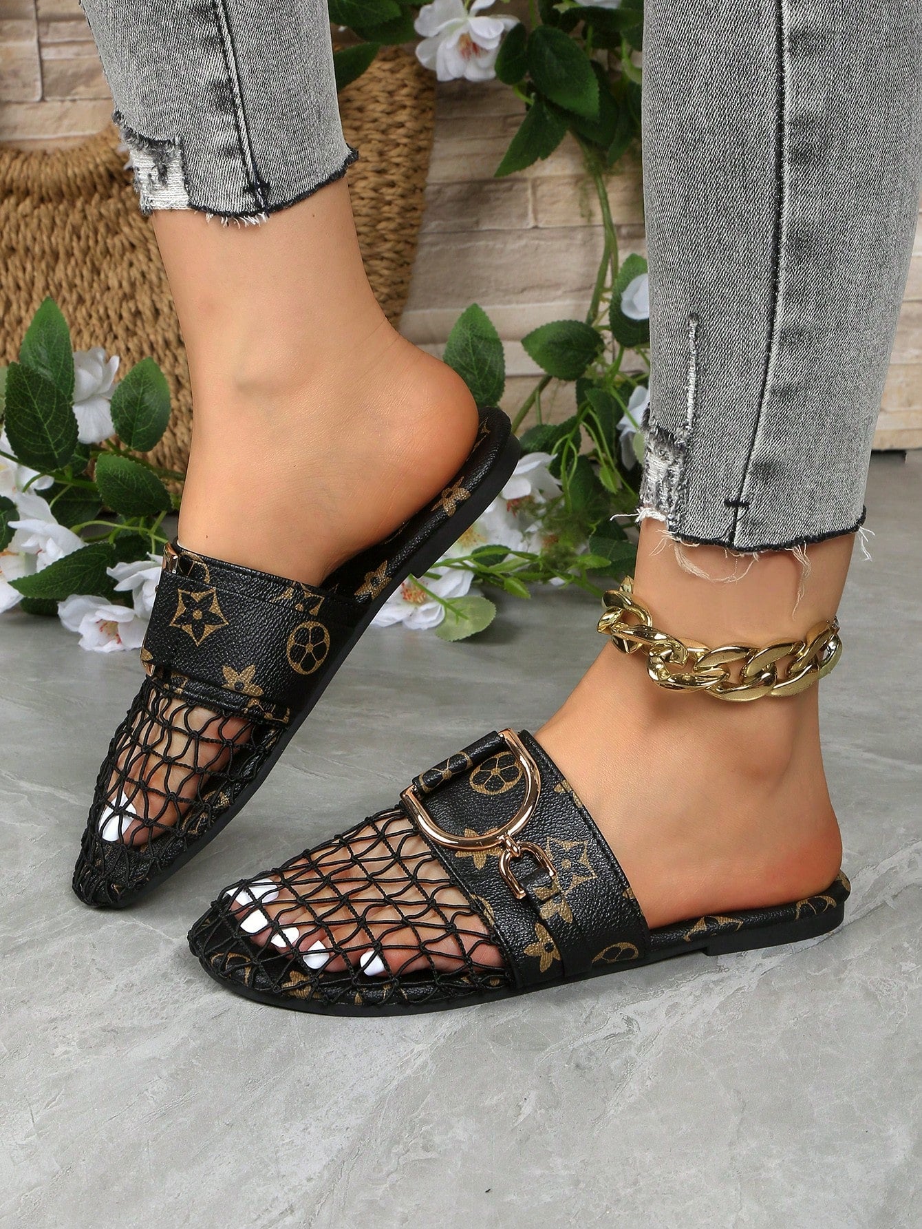 Women's Mesh Hollow Flat Slip-On Shoes, Comfortable Linen Casual Backless Mule Sandals, Breathable Mesh, Lightweight Soft Indoor Slippers
