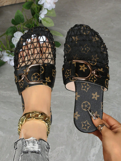 Women's Mesh Hollow Flat Slip-On Shoes, Comfortable Linen Casual Backless Mule Sandals, Breathable Mesh, Lightweight Soft Indoor Slippers
