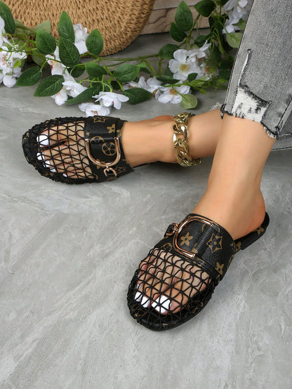 Women's Mesh Hollow Flat Slip-On Shoes, Comfortable Linen Casual Backless Mule Sandals, Breathable Mesh, Lightweight Soft Indoor Slippers