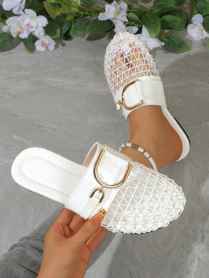 Women's Mesh Hollow Flat Slip-On Shoes, Comfortable Linen Casual Backless Mule Sandals, Breathable Mesh, Lightweight Soft Indoor Slippers