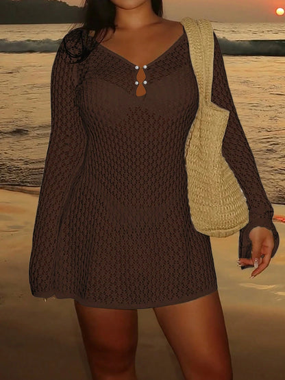 Women's Plus Size Long Sleeve Hollow Crochet Cover-Up, Elegant Bohemian Beach Vacation Style, Pearl Button Sexy V-Neck White Mini Dress, Summer Vacation Outfit