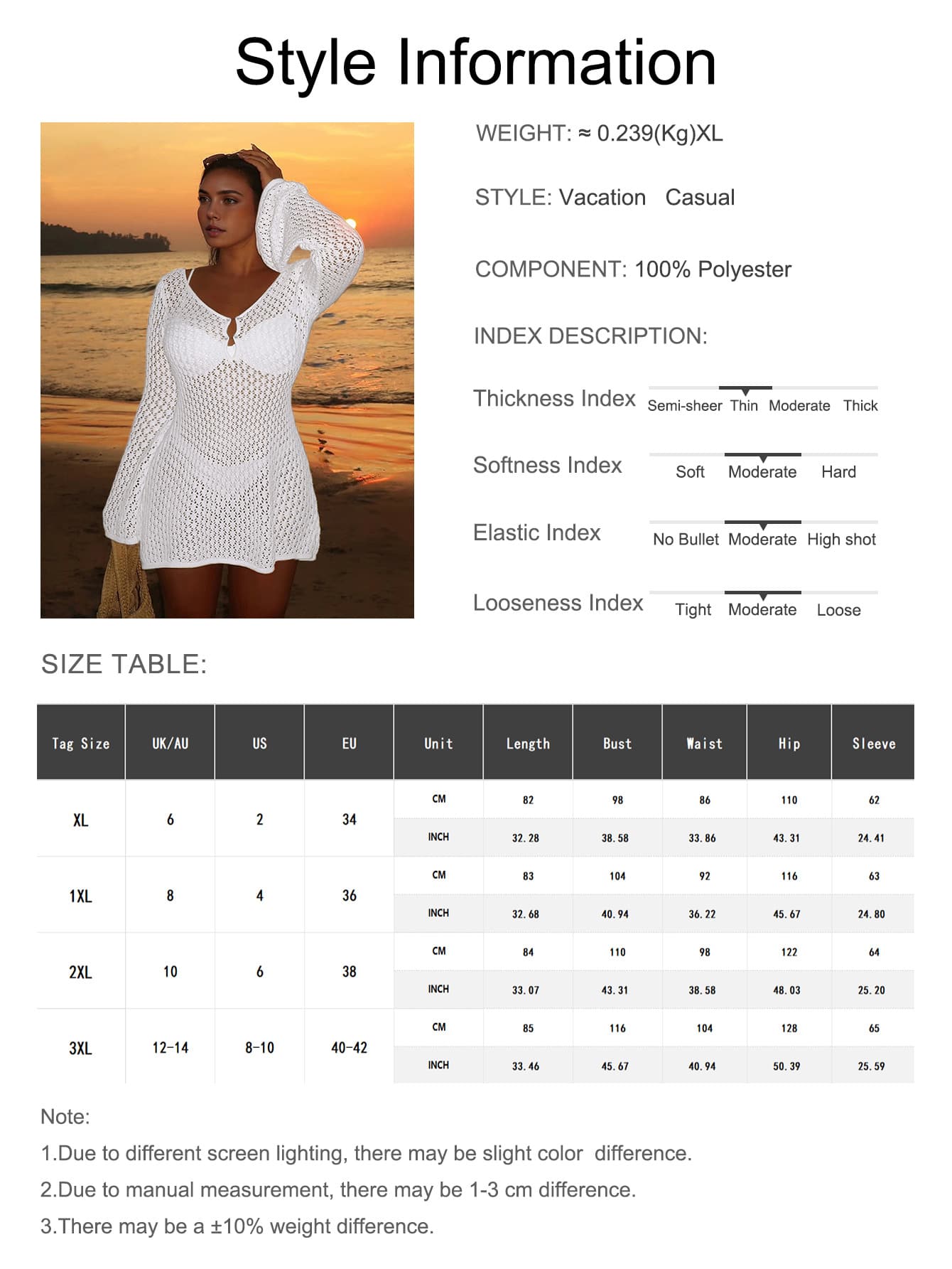 Women's Plus Size Long Sleeve Hollow Crochet Cover-Up, Elegant Bohemian Beach Vacation Style, Pearl Button Sexy V-Neck White Mini Dress, Summer Vacation Outfit