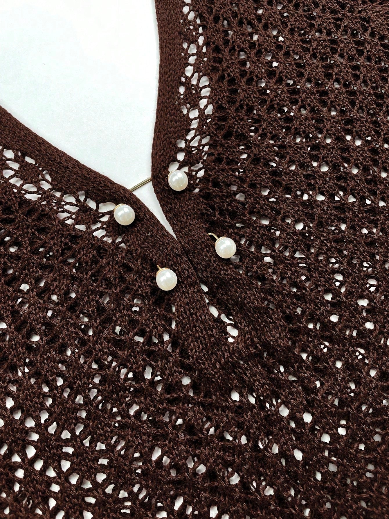 Women's Plus Size Long Sleeve Hollow Crochet Cover-Up, Elegant Bohemian Beach Vacation Style, Pearl Button Sexy V-Neck White Mini Dress, Summer Vacation Outfit