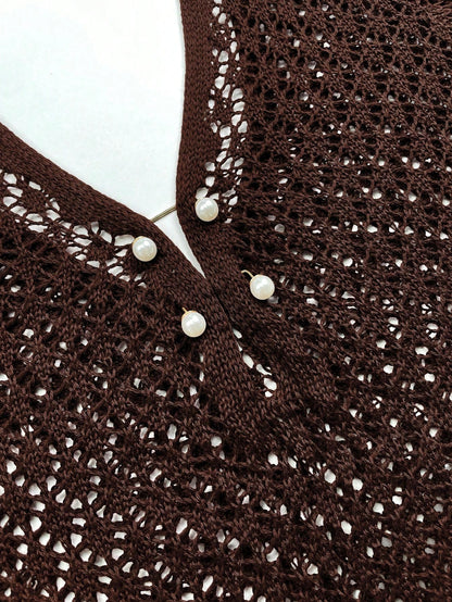Women's Plus Size Long Sleeve Hollow Crochet Cover-Up, Elegant Bohemian Beach Vacation Style, Pearl Button Sexy V-Neck White Mini Dress, Summer Vacation Outfit
