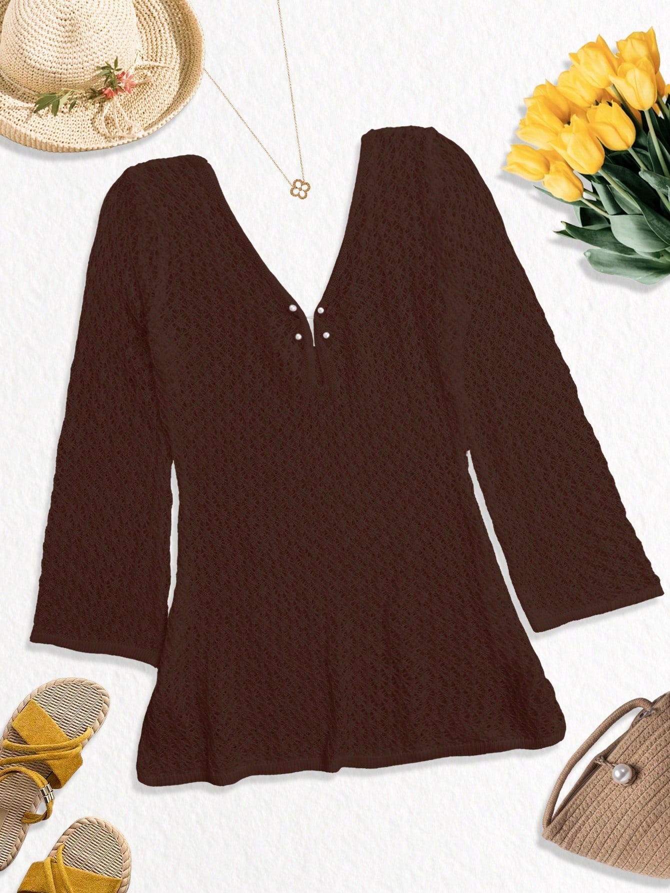 Women's Plus Size Long Sleeve Hollow Crochet Cover-Up, Elegant Bohemian Beach Vacation Style, Pearl Button Sexy V-Neck White Mini Dress, Summer Vacation Outfit