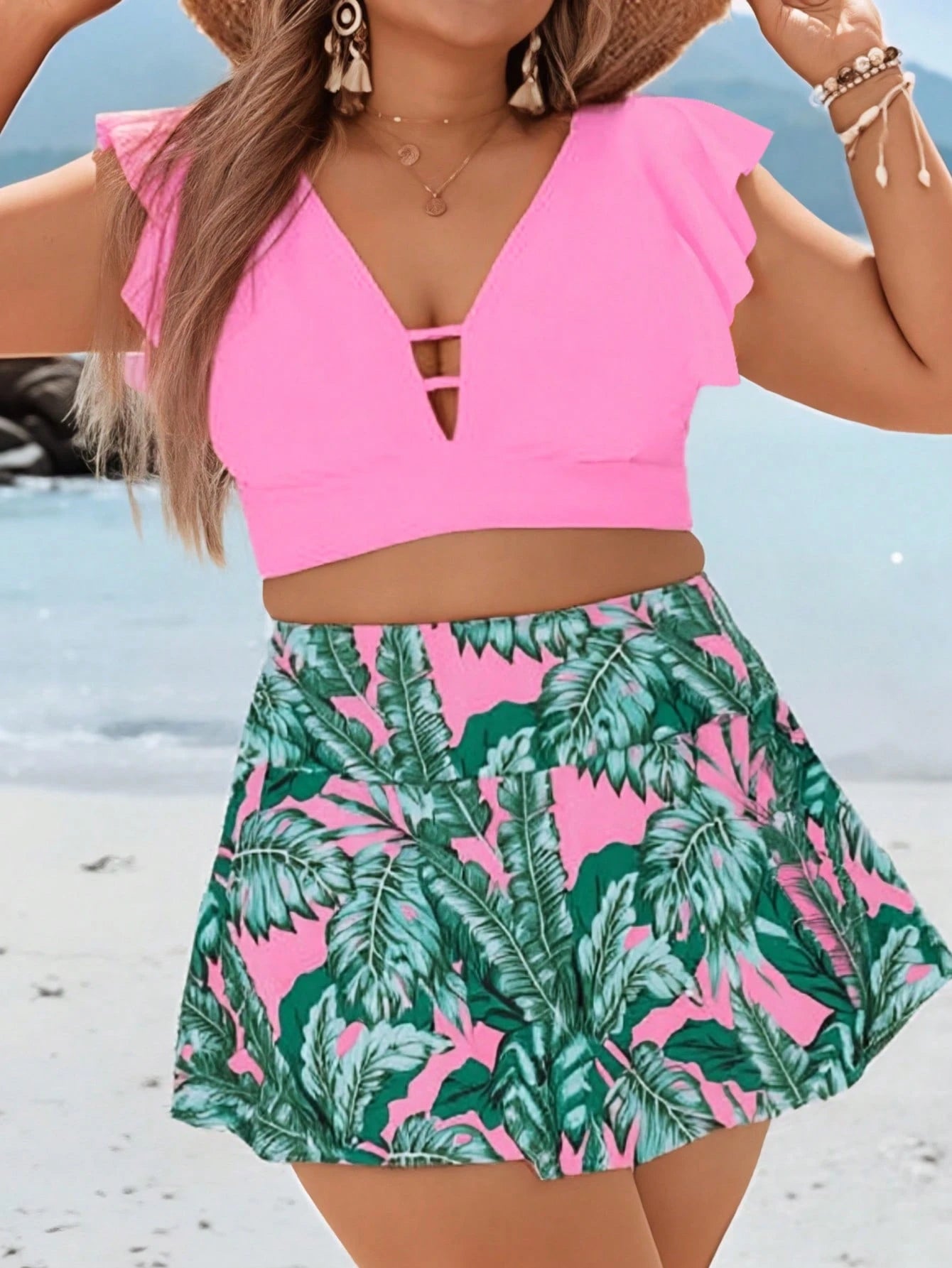 Women's Plus Size Pink Tropical Leaf Print Swimwear, Ruffle Sleeve Cutout V Neck Crop Top & High Waist Skort, Flattering Beach Bathing Suit