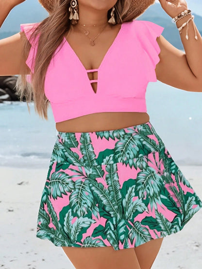 Women's Plus Size Pink Tropical Leaf Print Swimwear, Ruffle Sleeve Cutout V Neck Crop Top & High Waist Skort, Flattering Beach Bathing Suit