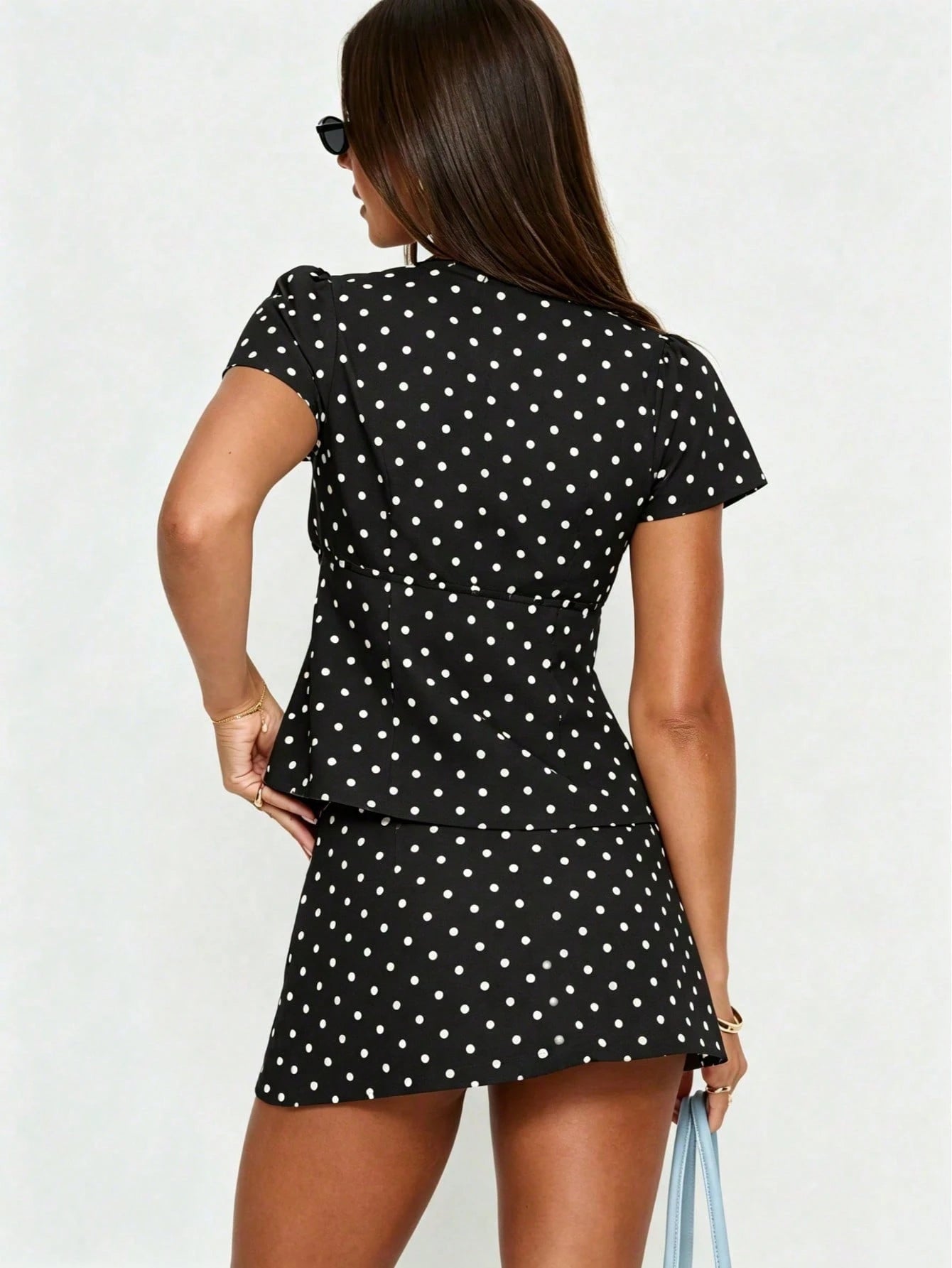 Women's Polka Dot Deep V-Neck Short Sleeve Wrap Crop Top And Mini Skirt 2-Piece Set Black Summer, Vacationcore Elegant