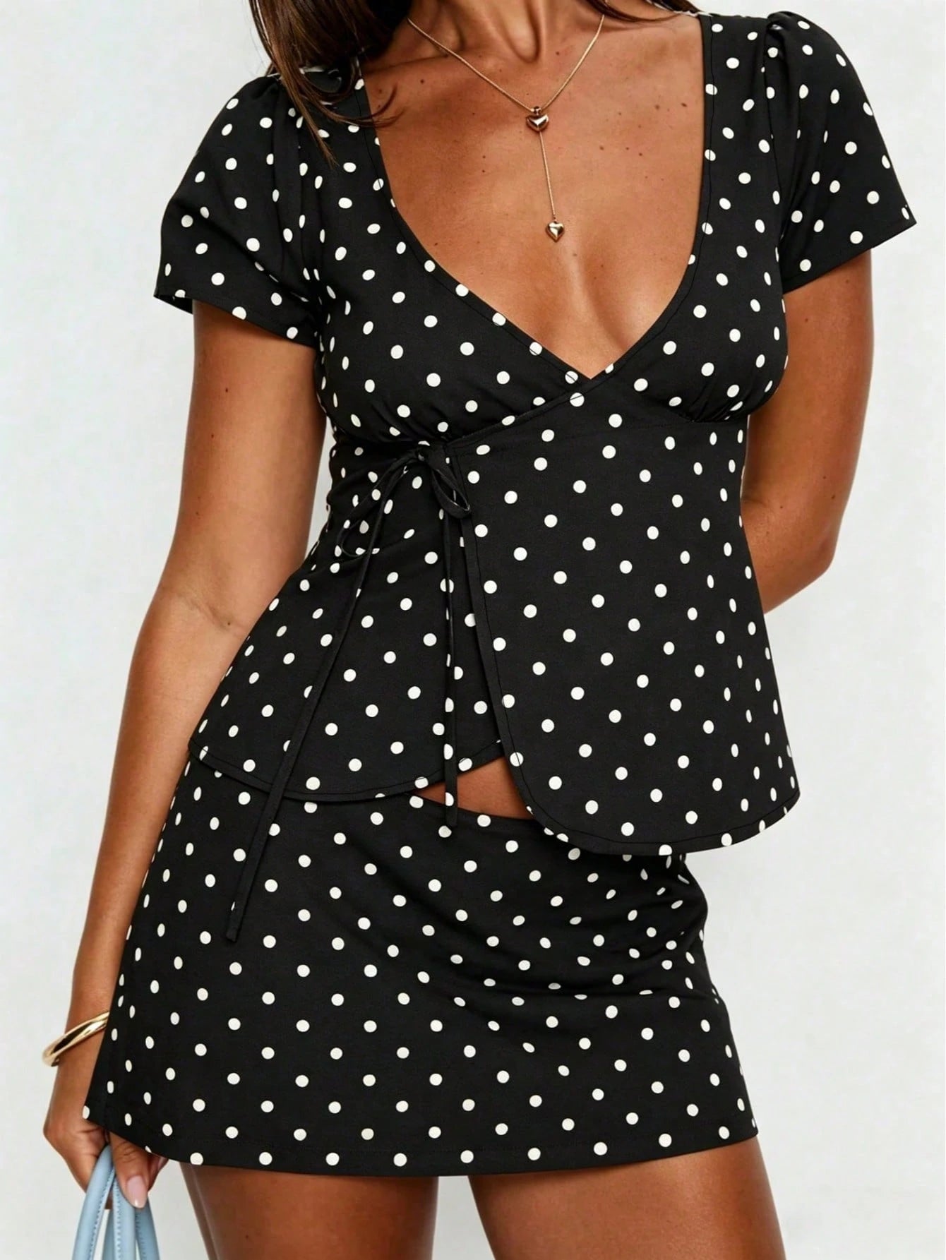 Women's Polka Dot Deep V-Neck Short Sleeve Wrap Crop Top And Mini Skirt 2-Piece Set Black Summer, Vacationcore Elegant