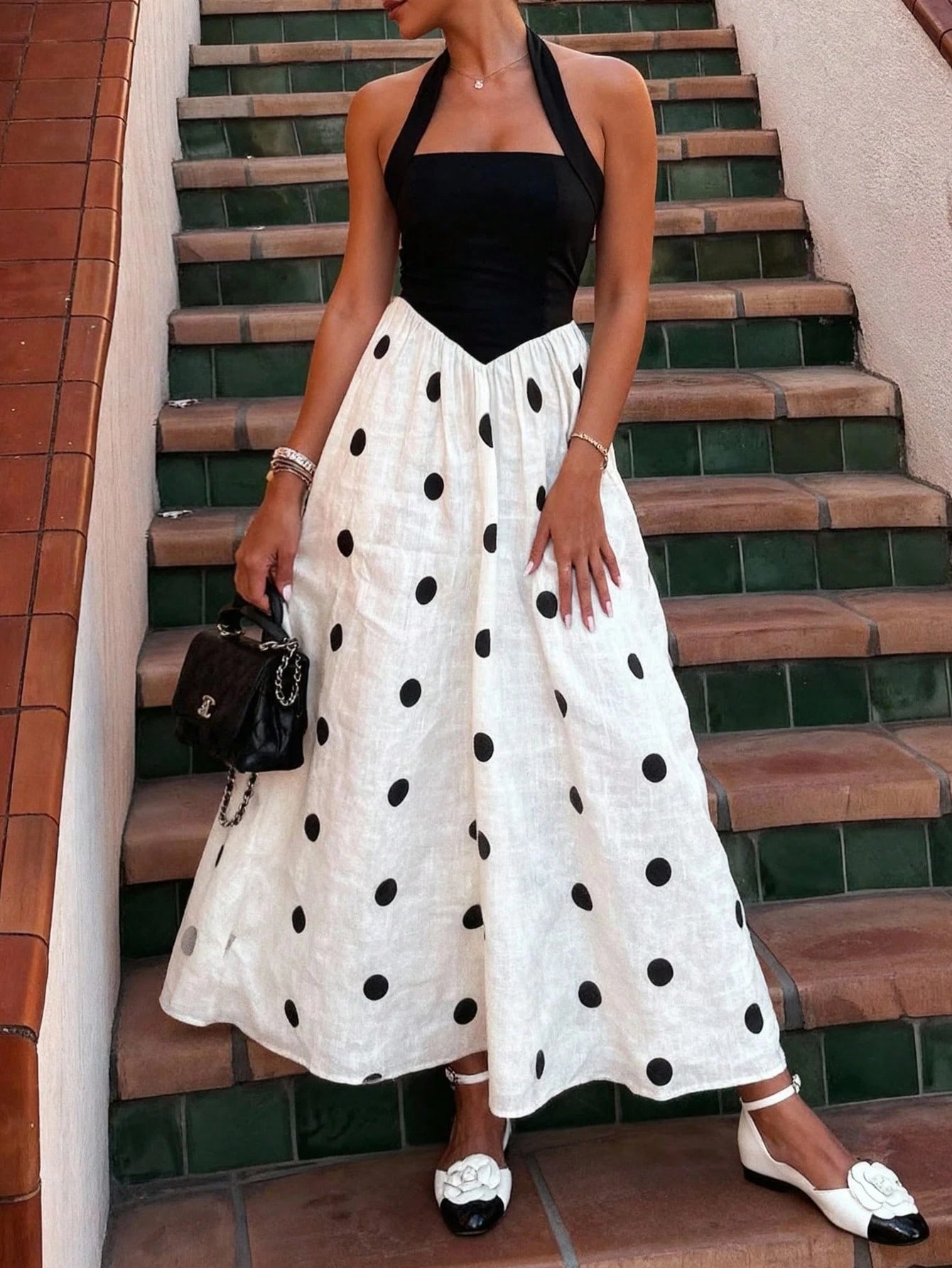 Women's Polka Dot Dress, Elegant Romantic Bohemian Style, Tie Waist, Vacation Beach Dress, Suitable For Work, Daily Casual, Gathering, Holiday, Afternoon Tea, Summer, French Girl Style