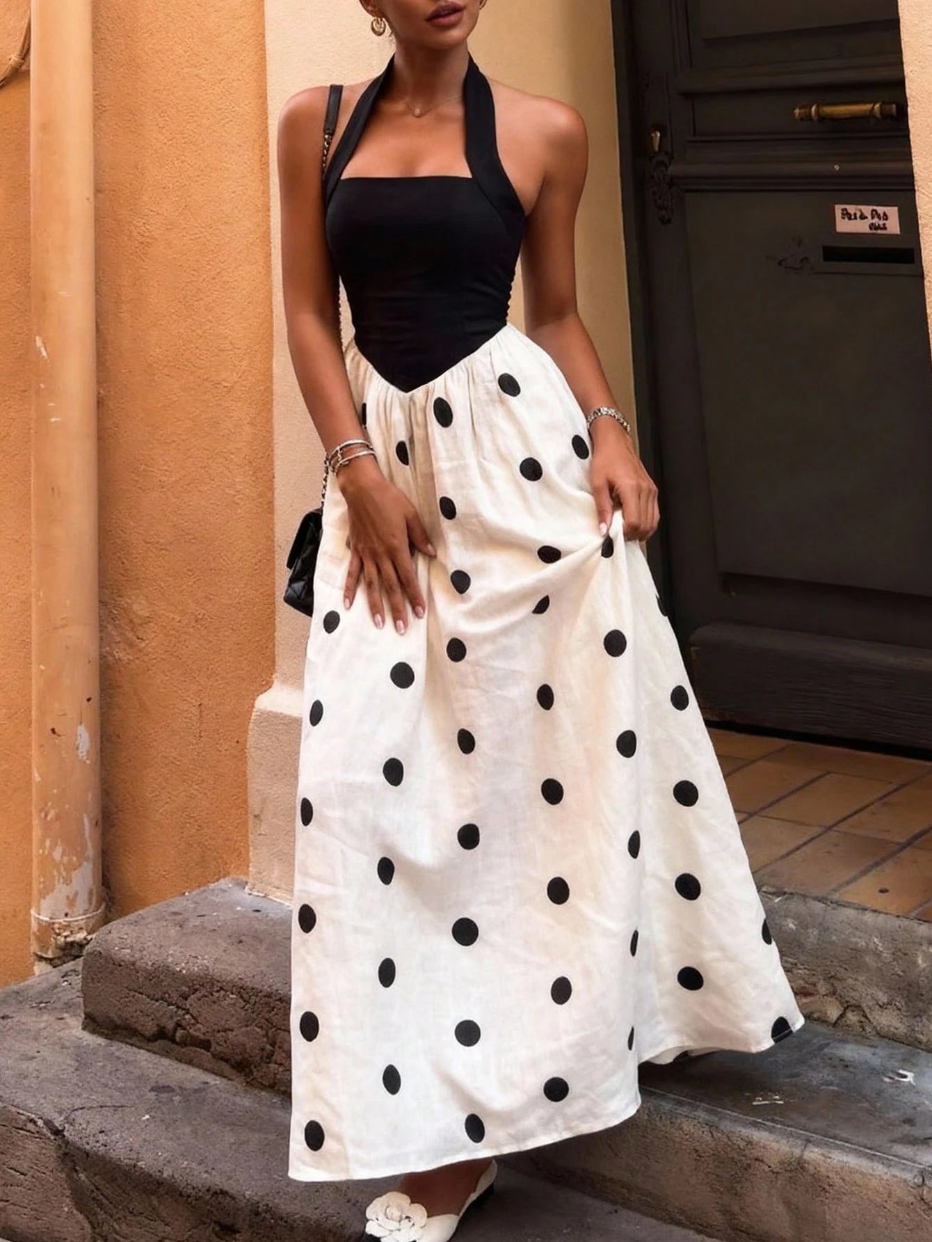 Women's Polka Dot Dress, Elegant Romantic Bohemian Style, Tie Waist, Vacation Beach Dress, Suitable For Work, Daily Casual, Gathering, Holiday, Afternoon Tea, Summer, French Girl Style