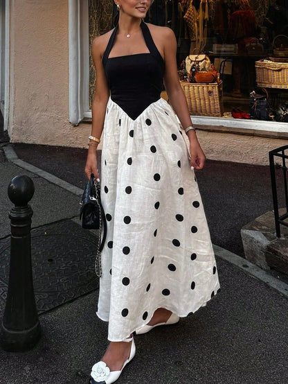 Women's Polka Dot Dress, Elegant Romantic Bohemian Style, Tie Waist, Vacation Beach Dress, Suitable For Work, Daily Casual, Gathering, Holiday, Afternoon Tea, Summer, French Girl Style