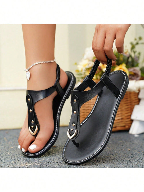 Women's Rivet Elastic Slip-On Round Toe Flat Sandals, Hollow-Out, Open Toe, Comfortable, Non-Slip Flat Outdoor Sandals