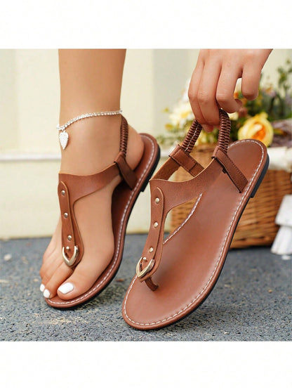 Women's Rivet Elastic Slip-On Round Toe Flat Sandals, Hollow-Out, Open Toe, Comfortable, Non-Slip Flat Outdoor Sandals