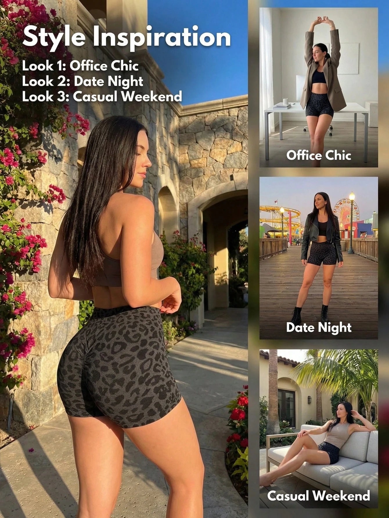 Women's Seamless Leopard Print Shorts, Sports Yoga Pants, Peach Hip Enhancing Black