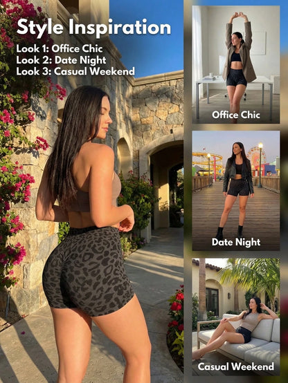Women's Seamless Leopard Print Shorts, Sports Yoga Pants, Peach Hip Enhancing Black