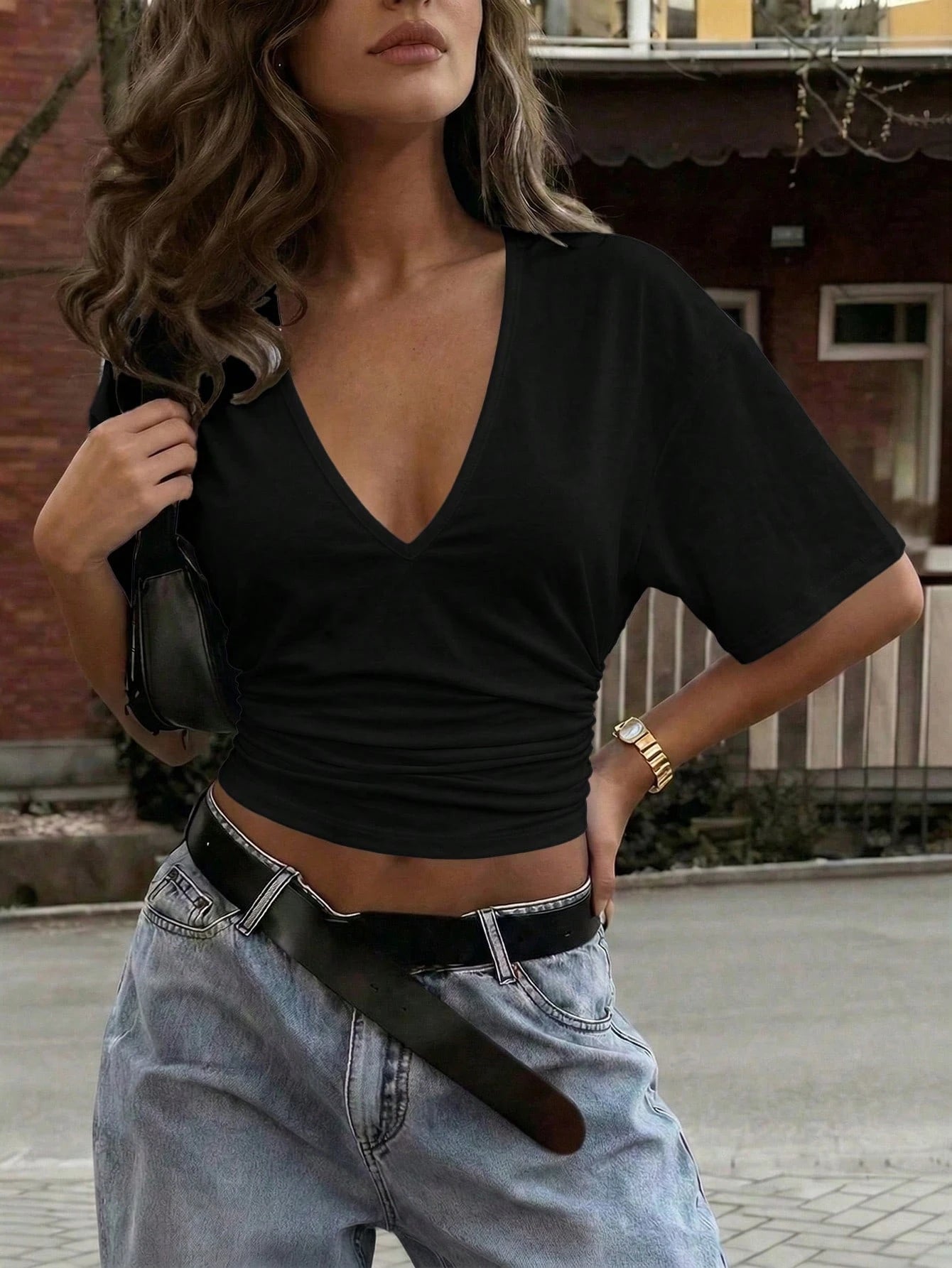 Women's Sexy Casual Y2K Pleated Waist V-Neck Slim Fit Top, Suitable For Daily, Commute, Date, Party In Spring/Summer Black, Girls Night Out