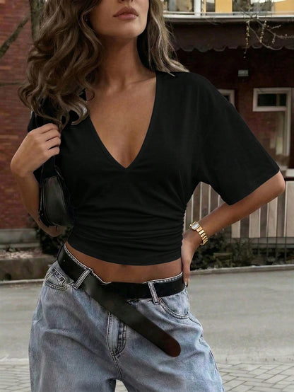 Women's Sexy Casual Y2K Pleated Waist V-Neck Slim Fit Top, Suitable For Daily, Commute, Date, Party In Spring/Summer Black, Girls Night Out