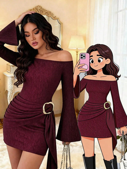 Women's Solid Burgundy Casual Knotted Textured Knit Formal Evening Dress, Accented With Solid Metal Buttons, Elegant And Fashionable, Suitable For Office, Home, Daily Wear, Vacation And Various Occasi