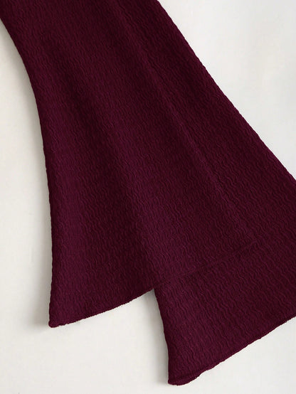 Women's Solid Burgundy Casual Knotted Textured Knit Formal Evening Dress, Accented With Solid Metal Buttons, Elegant And Fashionable, Suitable For Office, Home, Daily Wear, Vacation And Various Occasi
