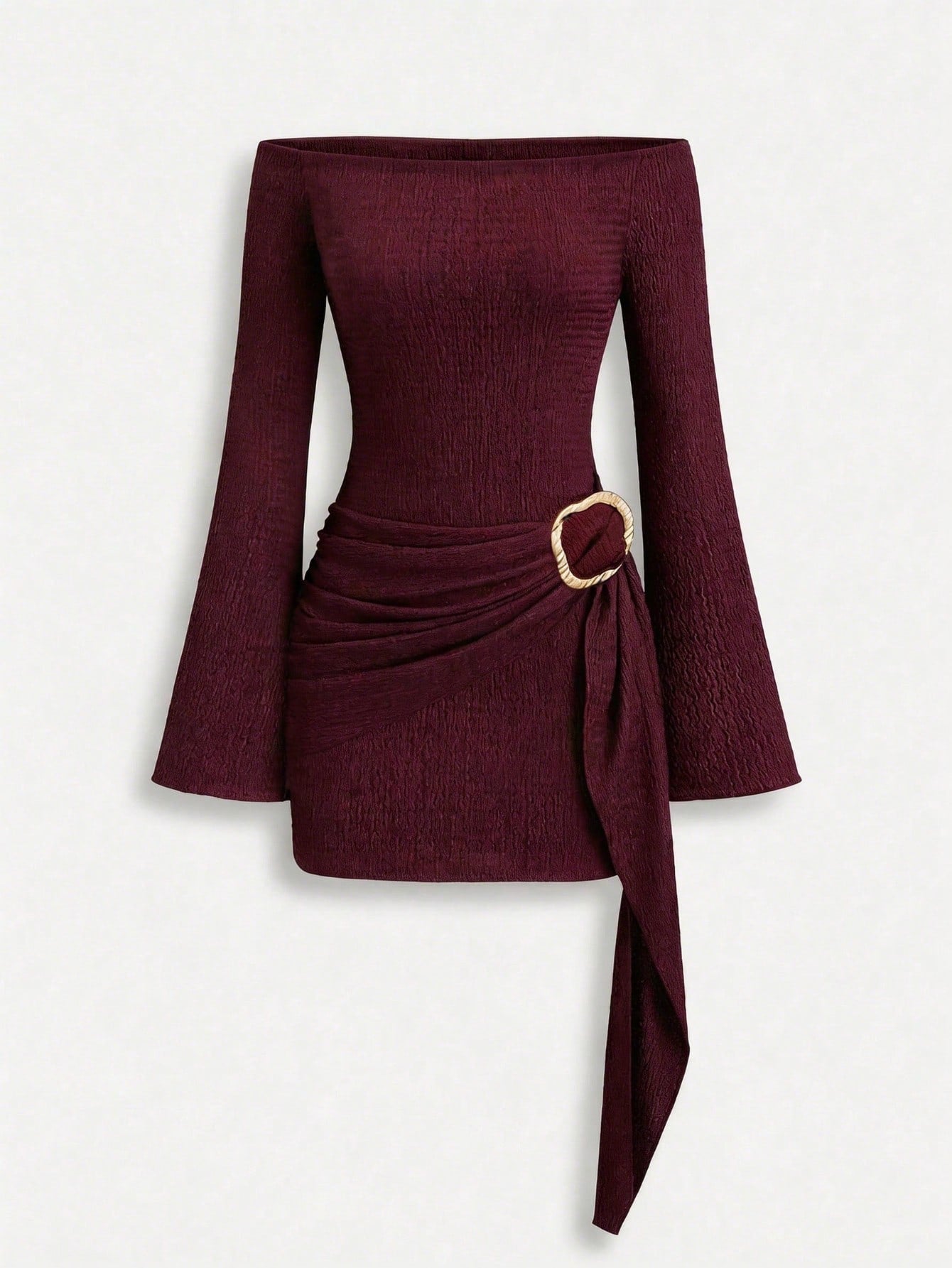 Women's Solid Burgundy Casual Knotted Textured Knit Formal Evening Dress, Accented With Solid Metal Buttons, Elegant And Fashionable, Suitable For Office, Home, Daily Wear, Vacation And Various Occasi