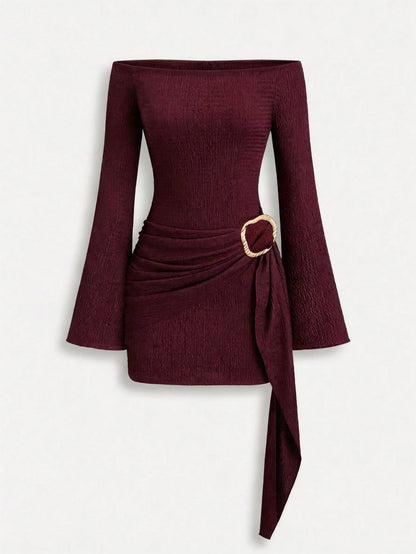 Women's Solid Burgundy Casual Knotted Textured Knit Formal Evening Dress, Accented With Solid Metal Buttons, Elegant And Fashionable, Suitable For Office, Home, Daily Wear, Vacation And Various Occasi