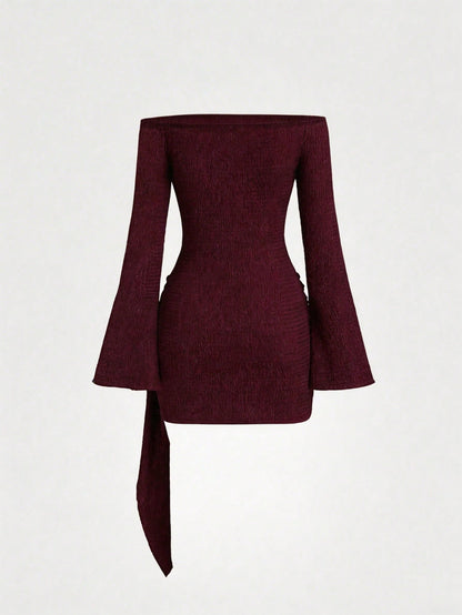 Women's Solid Burgundy Casual Knotted Textured Knit Formal Evening Dress, Accented With Solid Metal Buttons, Elegant And Fashionable, Suitable For Office, Home, Daily Wear, Vacation And Various Occasi