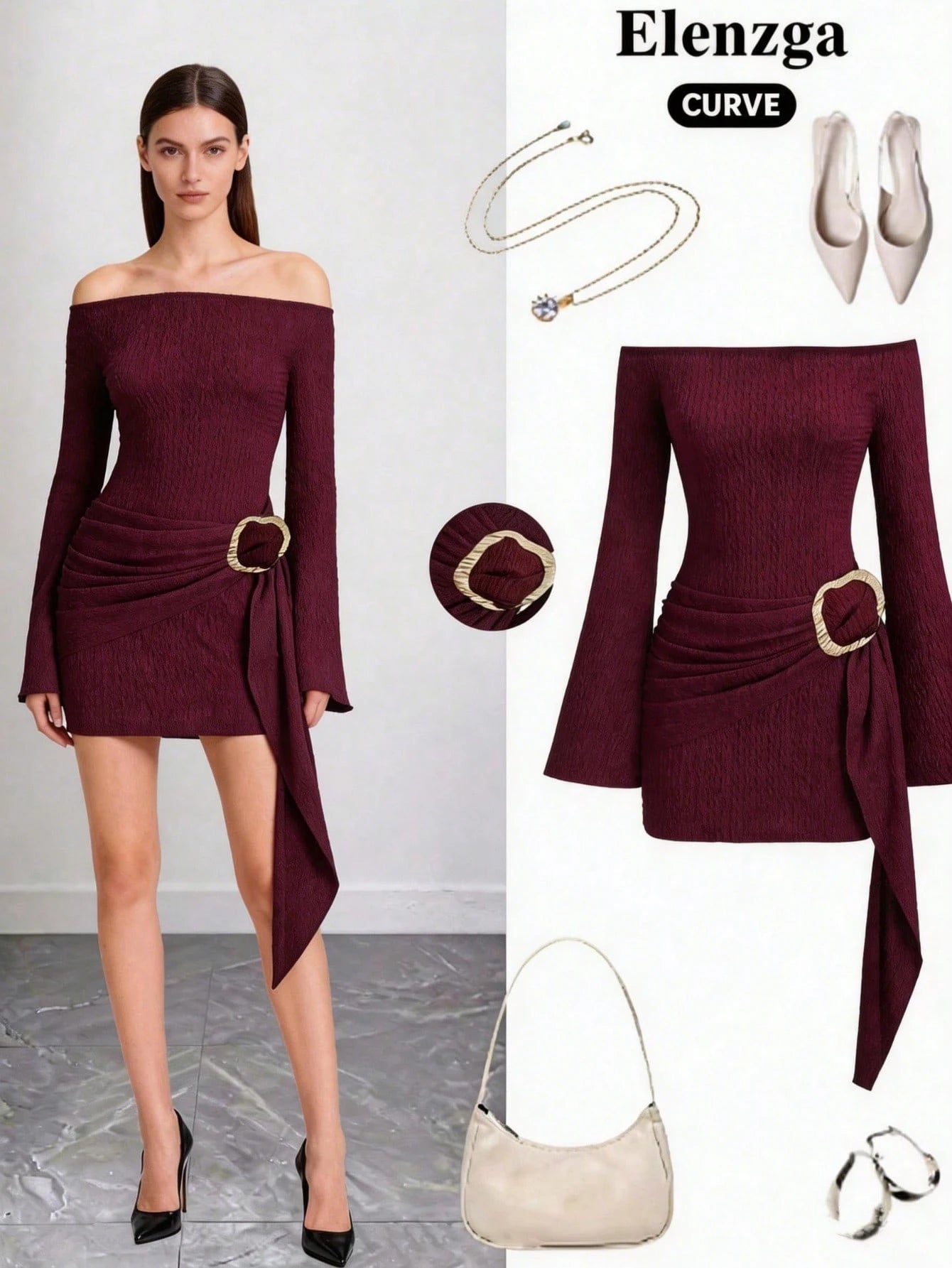 Women's Solid Burgundy Casual Knotted Textured Knit Formal Evening Dress, Accented With Solid Metal Buttons, Elegant And Fashionable, Suitable For Office, Home, Daily Wear, Vacation And Various Occasi
