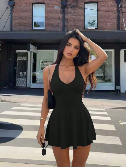 Women's Solid Color Knit V-Neck Halter Sexy Backless Elegant Vacation Fashion Mini Dress With Safety Shorts Party Summer Black