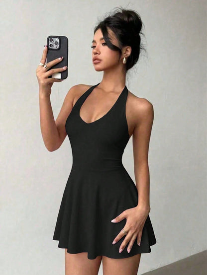 Women's Solid Color Knit V-Neck Halter Sexy Backless Elegant Vacation Fashion Mini Dress With Safety Shorts Party Summer Black