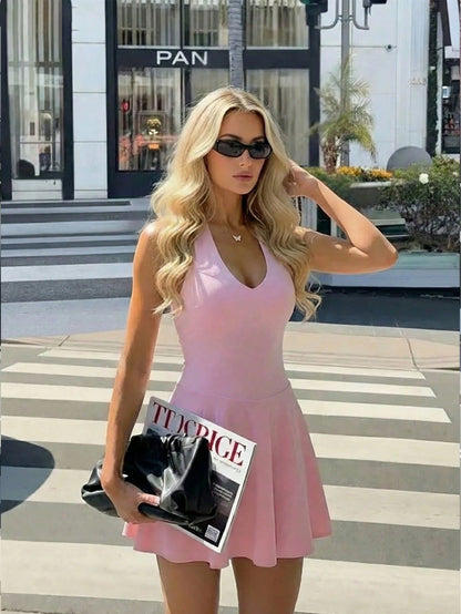 Women's Solid Color Knit V-Neck Halter Sexy Backless Elegant Vacation Fashion Mini Dress With Safety Shorts Party Summer Black