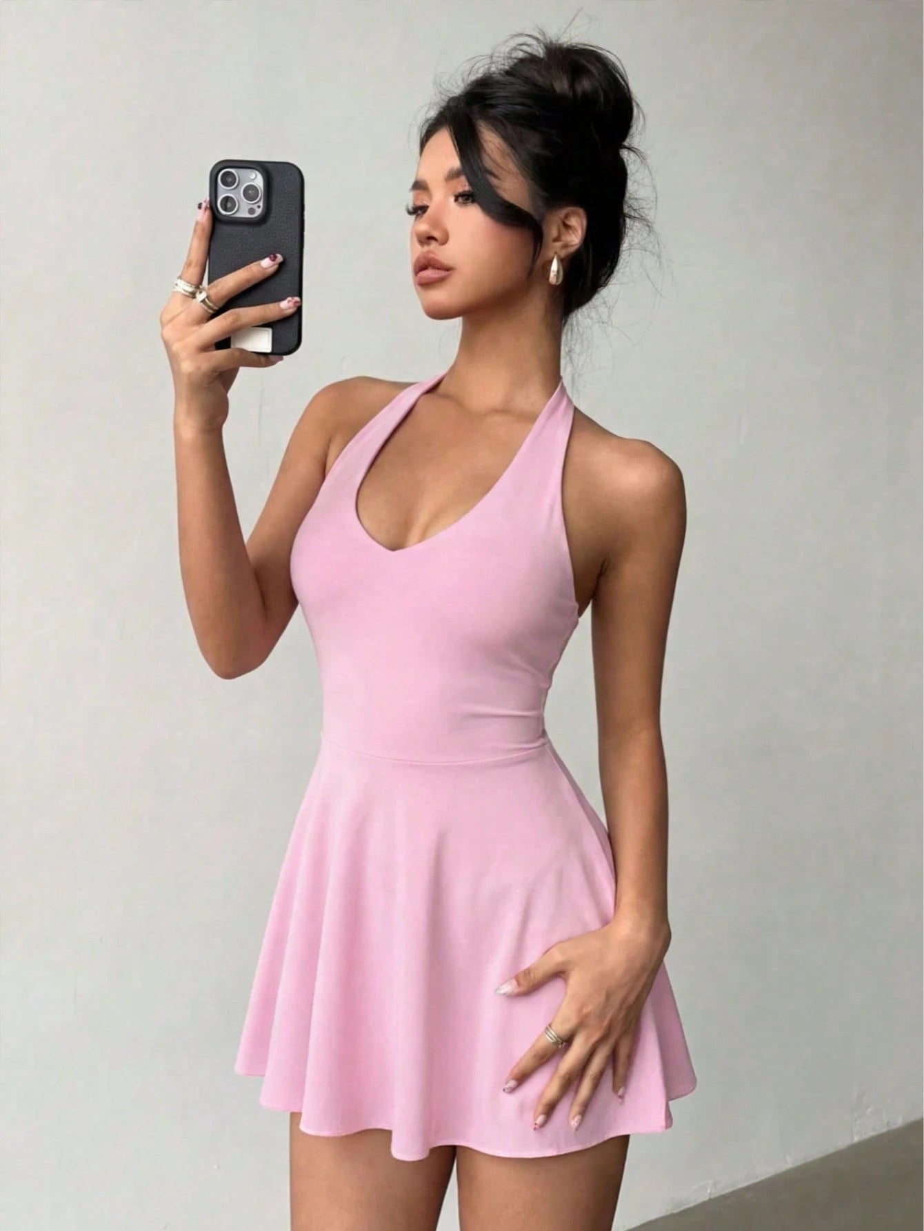 Women's Solid Color Knit V-Neck Halter Sexy Backless Elegant Vacation Fashion Mini Dress With Safety Shorts Party Summer Black