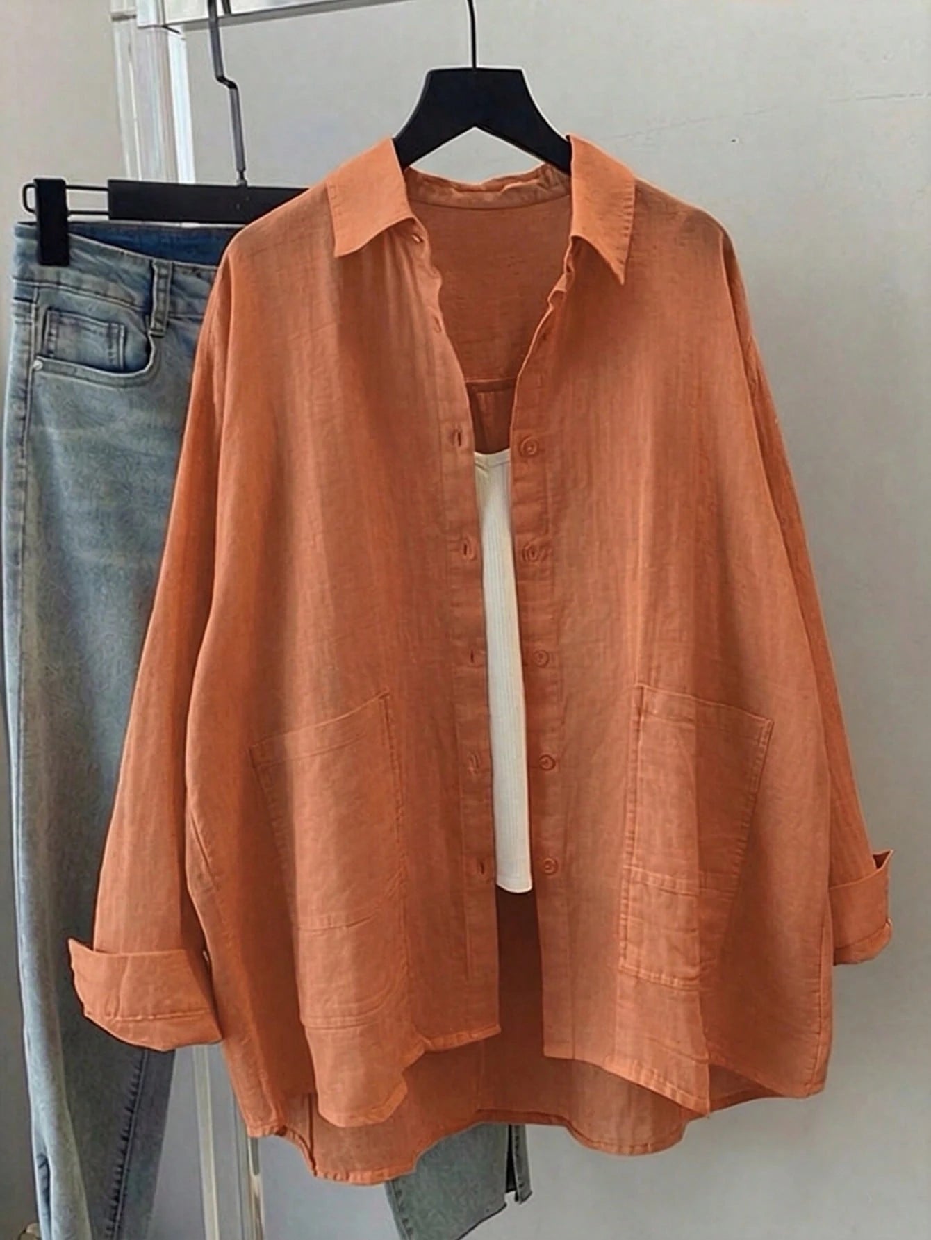 Women's Solid Color Loose Casual Long Sleeve Shirt With Pockets, Dropped Shoulder Design, Shirt Collar And Front Pocket, Woven Fabric For Casual Everyday Look, Work To Weekend