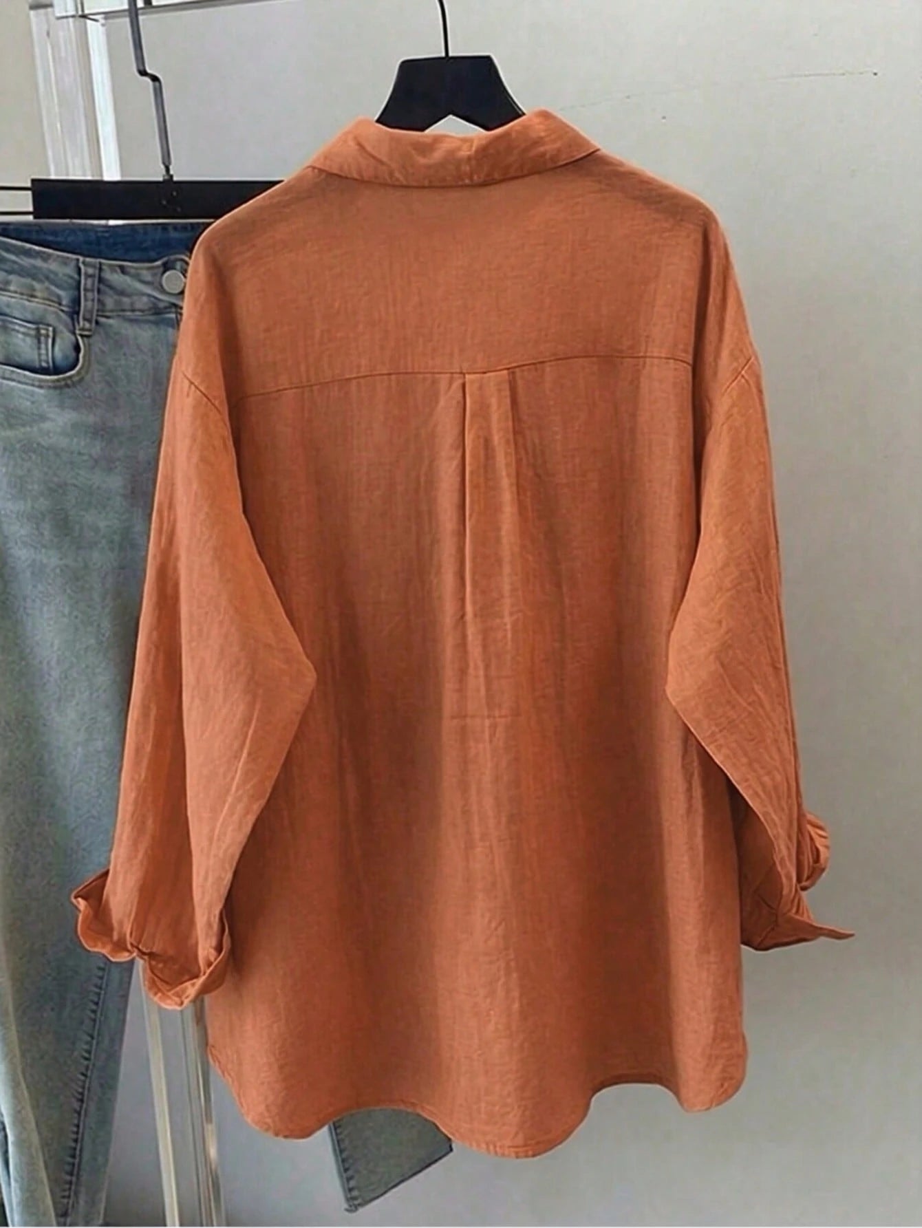 Women's Solid Color Loose Casual Long Sleeve Shirt With Pockets, Dropped Shoulder Design, Shirt Collar And Front Pocket, Woven Fabric For Casual Everyday Look, Work To Weekend