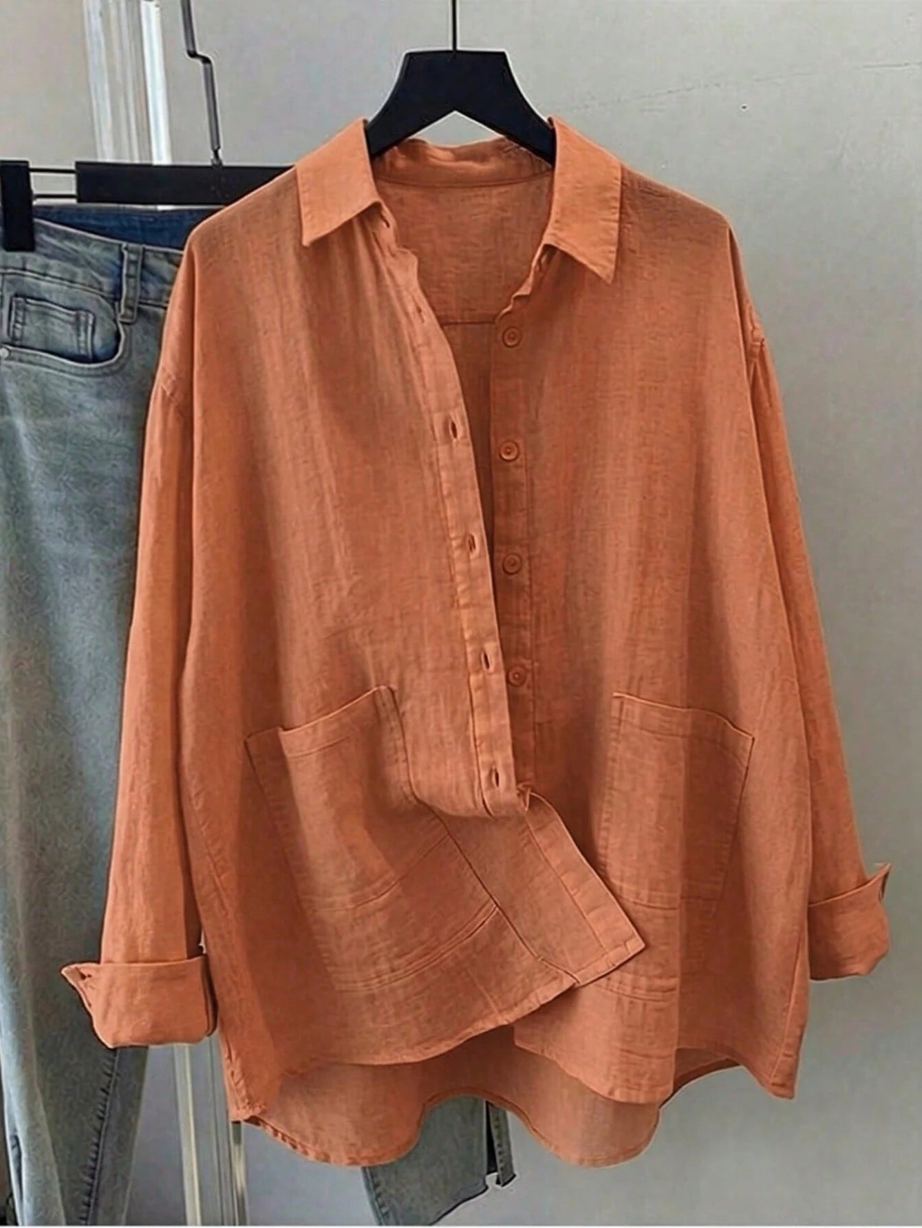 Women's Solid Color Loose Casual Long Sleeve Shirt With Pockets, Dropped Shoulder Design, Shirt Collar And Front Pocket, Woven Fabric For Casual Everyday Look, Work To Weekend